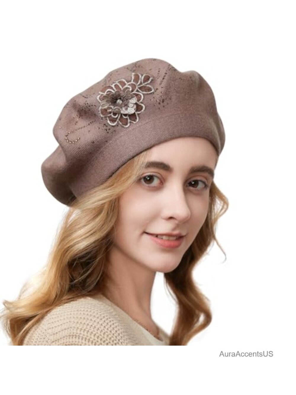 Women's Knitted Beret Hat with Floral Embroidery French Style